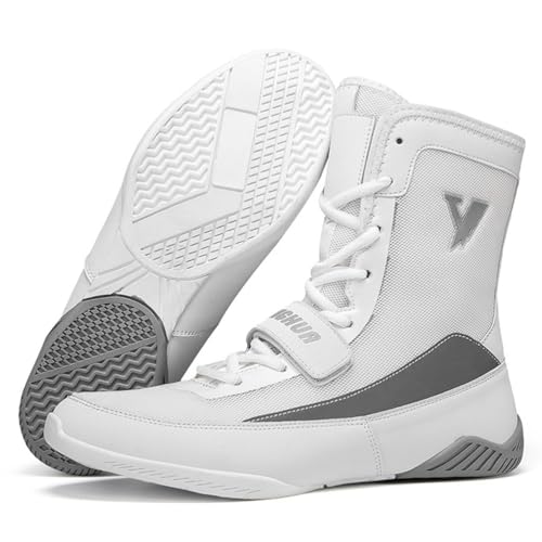 Hiuzylqx Boxschuhe Herren High-Top Combat Trainingsschuhe Wrestling Atmungsaktive rutschfest Ringerschuhe Breathable Bodybuilding Boxing Boots,Weiß,44 EU von Hiuzylqx