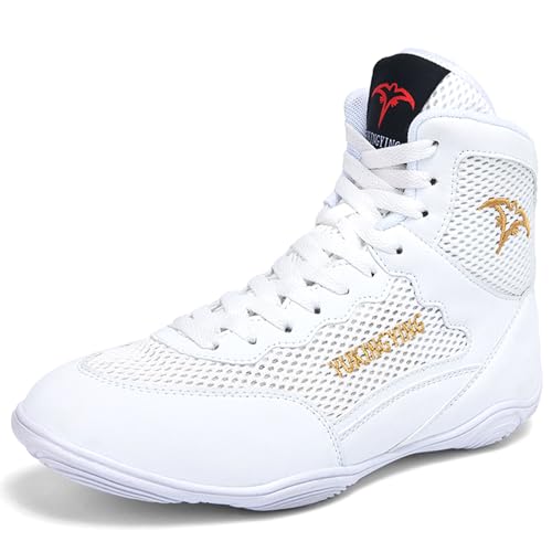 Hiuzylqx Boxschuhe Herren Kniebeugenschuhe Jugend Ringerschuhe atmungsaktive Bodybuilding Für Männer,Frauen,Jugend,Sanda,Taekwondo,White Gold,45 EU von Hiuzylqx