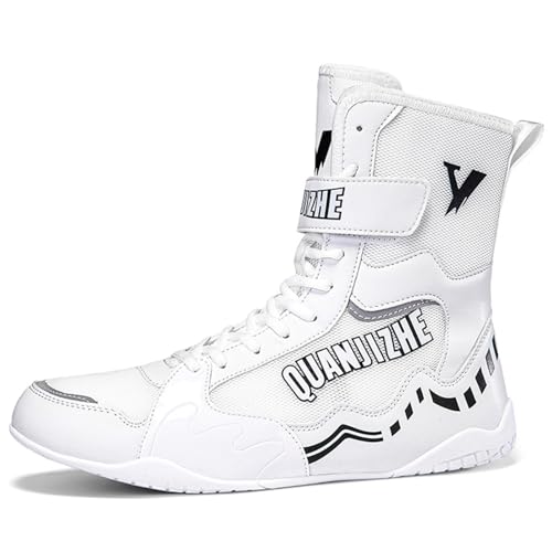 Hiuzylqx Boxschuhe Herren Ringerschuhe Jugend Wrestling Boxstiefel High Top rutschfeste Leichte Athletische Bequeme Wrestlingschuhe,Weiß,43 EU von Hiuzylqx