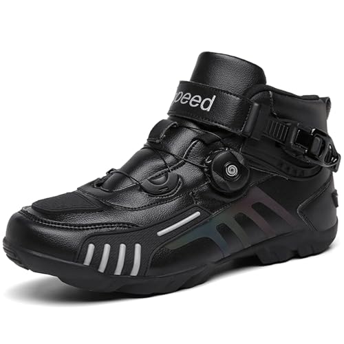 Hiuzylqx Leder Motorrad Schuhe Herren Motorradstiefel Protektoren Sneaker wasserresistent rutschfeste Sohle Knöchelstütze Seitlicher Bikerboot,Black Silver,44 EU von Hiuzylqx