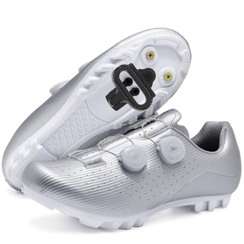 Hiuzylqx MTB Fahrradschuhe Herren Mountainbike Schuhe Radsportschuhe Kompatibel mit Shimano SPD 2-Bolts Pedals Outdoor-Radschuhe Fahrrad Spin MTB Schuhe,Silber,42 EU von Hiuzylqx