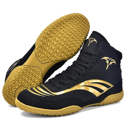 Hiuzylqx Ringerschuhe Herren Boxschuhe Pro Combat Boxers Trainer Atmungsaktiv Wrestling Taekwondo Karate Kampfsport Gewichtheben Bodybuilding Stiefel,Black Gold,39 EU von Hiuzylqx