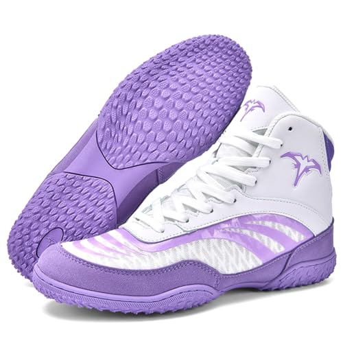 Hiuzylqx Ringerschuhe Herren Boxschuhe Pro Combat Boxers Trainer Atmungsaktiv Wrestling Taekwondo Karate Kampfsport Gewichtheben Bodybuilding Stiefel,White Purple,44 EU von Hiuzylqx