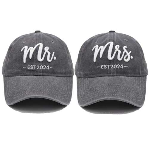 Mr and Mrs EST 2024 Hüte für Herren und Damen, Brautpaar Mützen, 3D-Stickerei, Baseballkappen-Set, Hochzeitsgeschenke für Paare, Mr & Mrs. Mütze Est 2024, Grau, Einheitsgröße Mr and Mrs EST 2024 Hüte für Herren und Damen, Brautpaar Mützen, 3D-Stickerei, Baseballkappen-Set, Hochzeitsgeschenke für Paare, Mr & Mrs. Mütze Est 2024, Grau, Einheitsgröße von Hiwelove