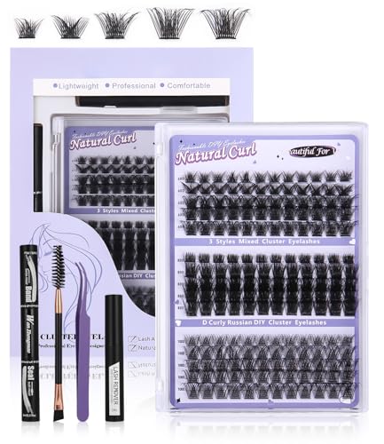 Hixava Lashes Extension Set 180 PCS,DIY Cluster Wimpern D Curl Individuelle Wimpern Applikator Einsteiger-Kit Mit Mascara Pinsel Kleber Entferner Wimpern Applikatoren Pinzette (60D,80D,100D) von Hixava