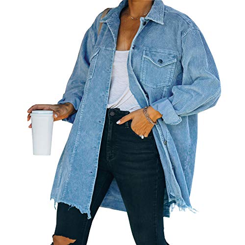 Hixiaohe Damen Casual Oversized Button Down Cord Hemd Jacke Mantel Washed Retro Shacket - Blau - Large von Hixiaohe