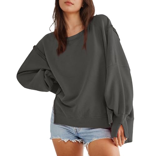 Hixiaohe Damen Oversized Crewneck Sweatshirts Casual Langarm Side Split Pullover Tops Herbst Slouchy Hoodie, Dunkel_Grau, M von Hixiaohe