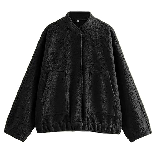 Hixiaohe Damen Oversized Wollmischung Jacken Langarm Button Down Casual Bomberjacke Outwear mit Taschen, Schwarz, S von Hixiaohe