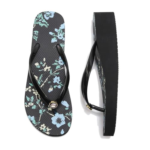 Hixingo Flip Flops Damen 4CM, Slip on Flip Flops Sommer Rutschfest und Leichte Flipflops, Damen Sandalen Bequem mit Texturierten Sohlen für Strand (Schwarze Blume,34) von Hixingo