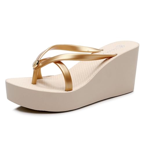 Hixingo Flip Flops Damen Elegant mit Absatz, Bunt Sandalen Keilabsatz Sandaletten Sommer Zehenabscheider Bequem Weich Flip Flops Damen Sommer für Strand Outdoor Pool, Größe 34-43 (Beige,41) von Hixingo