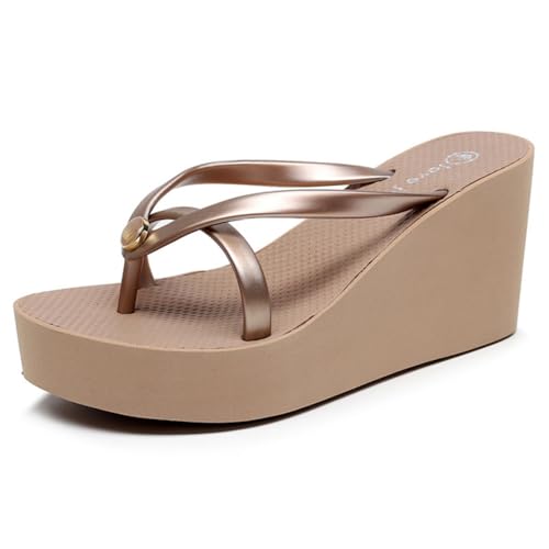 Hixingo Flip Flops Damen Elegant mit Absatz, Bunt Sandalen Keilabsatz Sandaletten Sommer Zehenabscheider Bequem Weich Flip Flops Damen Sommer für Strand Outdoor Pool, Größe 34-43 (Braun,35) von Hixingo