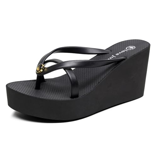 Hixingo Flip Flops Damen Elegant mit Absatz, Bunt Sandalen Keilabsatz Sandaletten Sommer Zehenabscheider Bequem Weich Flip Flops Damen Sommer für Strand Outdoor Pool, Größe 34-43 (Schwarz,36) von Hixingo