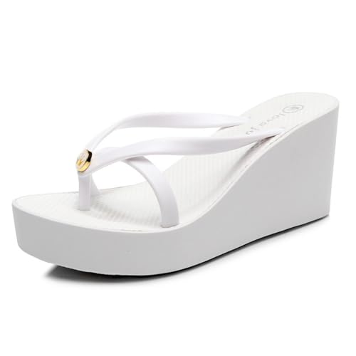Hixingo Flip Flops Damen Elegant mit Absatz, Bunt Sandalen Keilabsatz Sandaletten Sommer Zehenabscheider Bequem Weich Flip Flops Damen Sommer für Strand Outdoor Pool, Größe 34-43 (Weiß,37) von Hixingo