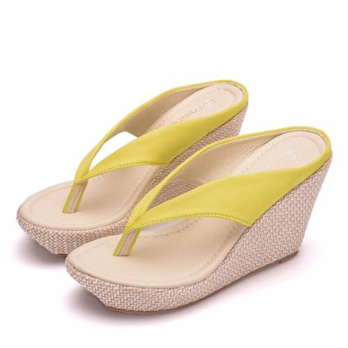 Hixingo Flip Flops Damen Elegant mit Absatz, Sandalen Keilabsatz Sandaletten Sommer Zehenabscheider Bequem Weich Flip Flops Damen Sommer für Strand Outdoor Pool, Größe 34-41 (Gelb,37) von Hixingo