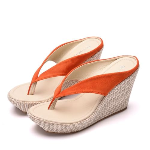 Hixingo Flip Flops Damen Elegant mit Absatz, Sandalen Keilabsatz Sandaletten Sommer Zehenabscheider Bequem Weich Flip Flops Damen Sommer für Strand Outdoor Pool, Größe 34-41 (Orange,36) von Hixingo