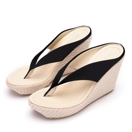 Hixingo Flip Flops Damen Elegant mit Absatz, Sandalen Keilabsatz Sandaletten Sommer Zehenabscheider Bequem Weich Flip Flops Damen Sommer für Strand Outdoor Pool, Größe 34-41 (Schwarz,34) von Hixingo