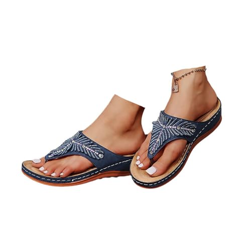 Hixingo Flip Flops Damen Elegant mit Absatz, Strass Sandalen Keilabsatz Sandaletten Sommer Zehenabscheider Bequem Weich Flip Flops Damen Sommer für Strand Outdoor Pool, Größe 35-43 (Blau,42) von Hixingo