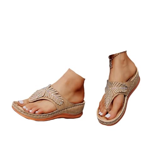 Hixingo Flip Flops Damen Elegant mit Absatz, Strass Sandalen Keilabsatz Sandaletten Sommer Zehenabscheider Bequem Weich Flip Flops Damen Sommer für Strand Outdoor Pool, Größe 35-43 (Khaki,37) von Hixingo