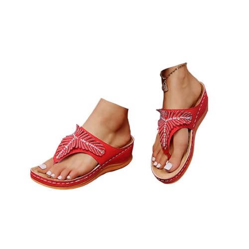 Hixingo Flip Flops Damen Elegant mit Absatz, Strass Sandalen Keilabsatz Sandaletten Sommer Zehenabscheider Bequem Weich Flip Flops Damen Sommer für Strand Outdoor Pool, Größe 35-43 (Rot,37) von Hixingo