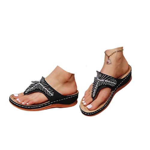 Hixingo Flip Flops Damen Elegant mit Absatz, Strass Sandalen Keilabsatz Sandaletten Sommer Zehenabscheider Bequem Weich Flip Flops Damen Sommer für Strand Outdoor Pool, Größe 35-43 (Schwarz,36) von Hixingo