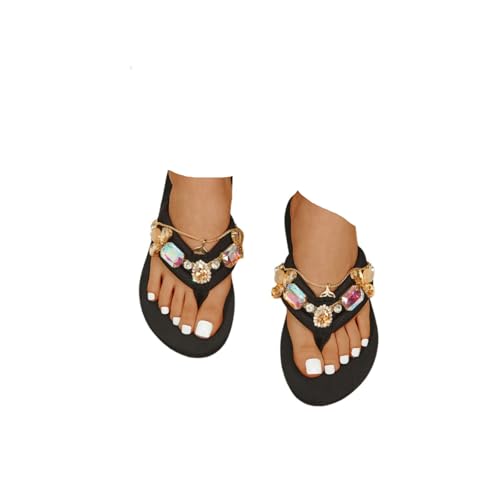 Hixingo Flip Flops Damen Elegant mit Glitzer Schwarz Strasssteine Bequem Weich Flip Flops Damen Sommer Leicht Rutschfest Flipflops Zehentrenner Sandalen damen Sommer Strand, Größe 35-42 (Gold,36) von Hixingo