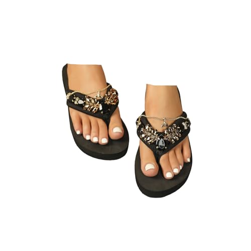 Hixingo Flip Flops Damen Elegant mit Glitzer Schwarz Strasssteine Bequem Weich Flip Flops Damen Sommer Leicht Rutschfest Flipflops Zehentrenner Sandalen damen Sommer Strand, Größe 35-42 (Schwarz,35) von Hixingo