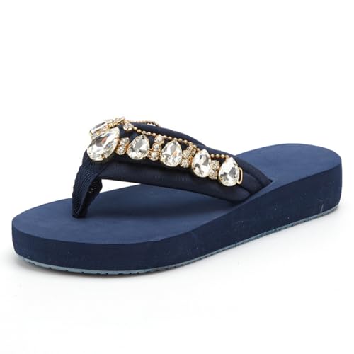 Hixingo Flip Flops Damen Elegant mit Glitzer Strasssteine Bequem & Weich Flip Flops Damen Sommer Leicht Rutschfest Flipflops Zehentrenner Sandalen damen Sommer für Strand, Größe 35-42 (Marineblau,37) von Hixingo