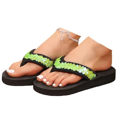 Hixingo Flip Flops Damen Elegant mit Pailletten Schwarz Bequem & Weich Flip Flops Damen Sommer Leicht Rutschfest Flipflops Zehentrenner Sandalen damen Sommer für Strand, Größe 36-42 (Grün,38) von Hixingo