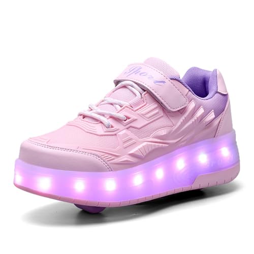 Hixingo Kinder Schuhe mit Rollen, Atmungsaktiv Rollschuhe Schuhe mit Haken und Öse, Abriebfest Skateboardschuhe Multifunktionale Sneaker für Jungen und Mädchen (Rosa,33) von Hixingo