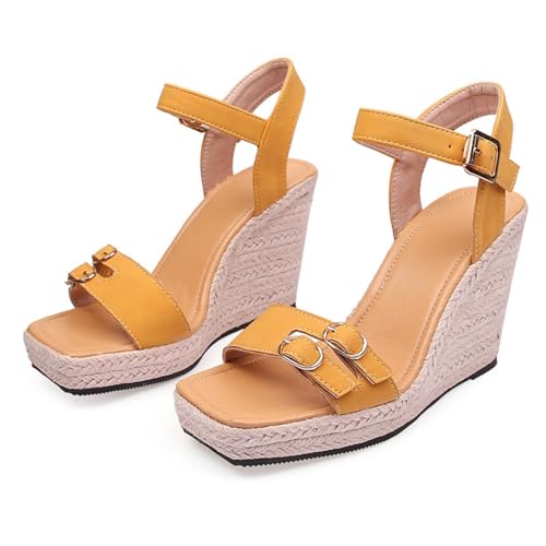 Hixingo Sandalen Sommer Damen 2025, Damen Sandalen Sommer mit Platform Absatz 10CM Elegant Bequem Frauen Sommerschuhe Sportlich Peep Toe Outdoorsandalen (35,9720-11 Gelb) von Hixingo