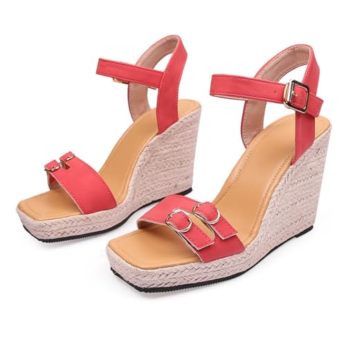 Hixingo Sandalen Sommer Damen 2025, Damen Sandalen Sommer mit Platform Absatz 10CM Elegant Bequem Frauen Sommerschuhe Sportlich Peep Toe Outdoorsandalen (35,9720-11 Rot) von Hixingo