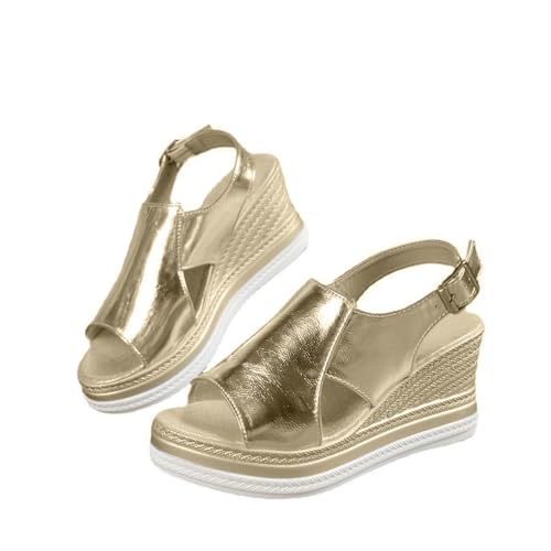 Hixingo Sandalen Sommer Damen 2025, Damen Sandalen Sommer mit Platform Absatz 10CM Elegant Bequem Frauen Sommerschuhe Sportlich Peep Toe Outdoorsandalen (43,669 Gold) von Hixingo