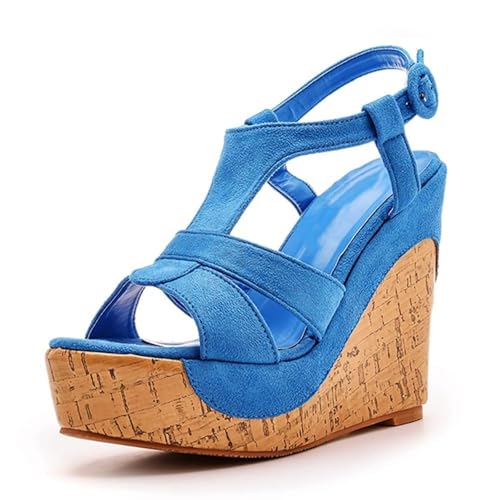 Hixingo Sandalen Sommer Damen 2025, Damen Sandalen Sommer mit Platform Absatz 12.5 CM Elegant Bequem Frauen Sommerschuhe Sportlich Peep Toe Outdoorsandalen (37,125 Blau) von Hixingo