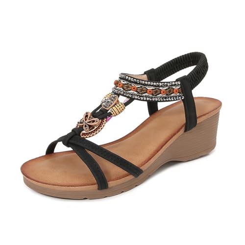 Hixingo Sandalen Sommer Damen 2025, Damen Sandalen Sommer mit Platform Absatz 5.5 CM Elegant Bequem Frauen Sommerschuhe Sportlich Peep Toe Outdoorsandalen (36,589-2 Schwarz) von Hixingo