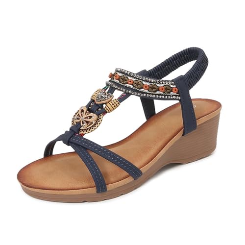 Hixingo Sandalen Sommer Damen 2025, Damen Sandalen Sommer mit Platform Absatz 5.5 CM Elegant Bequem Frauen Sommerschuhe Sportlich Peep Toe Outdoorsandalen (38,589-2 Marineblau) von Hixingo
