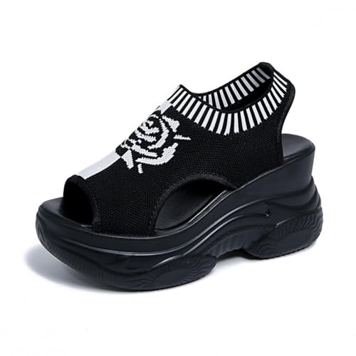 Hixingo Sandalen Sommer Damen 2025, Damen Sandalen Sommer mit Platform Absatz 9.5CM Elegant Bequem Frauen Sommerschuhe Sportlich Peep Toe Outdoorsandalen (41,Rose Schwarz Weiß) von Hixingo