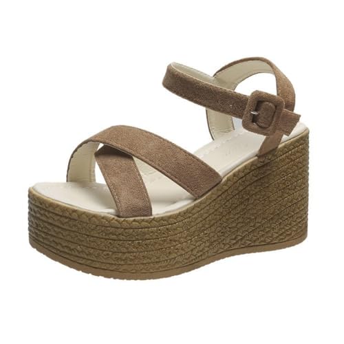 Hixingo Sandalen Sommer Damen 2025, Damen Sandalen Sommer mit Platform Absatz 9CM Elegant Bequem Frauen Sommerschuhe Sportlich Peep Toe Outdoorsandalen (37,LM6 Khaki) von Hixingo
