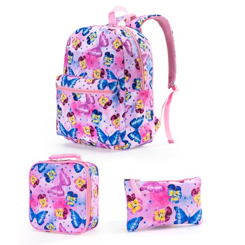 Hixingo Schulranzen Set 3-teilig für Jungen Mädchen, Schulrucksack mit Lunchpaket Tasche und Federmäppchen - Cartoon Druck, Kinder Teenager Groß Schultasche (Schmetterlinge,40x28x13cm) von Hixingo