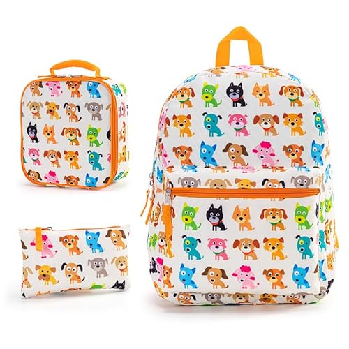 Hixingo Schulranzen Set 3-teilig für Jungen Mädchen, Schulrucksack mit Lunchpaket Tasche und Federmäppchen - Cartoon Druck, Kinder Teenager Groß Schultasche (Welpen,40x28x13cm) von Hixingo