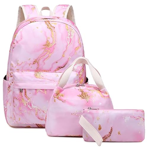 Hixingo Schulranzen Set 3-teilig für Jungen Mädchen, Schulrucksack mit Lunchpaket Tasche und Federmäppchen - Marmor Druck, Kinder Teenager Groß Schultasche (Hellrosa,30x15x42cm) von Hixingo