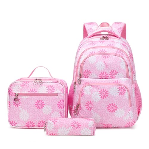 Hixingo Schulranzen Set für Jungen und Mädchen, 3 Teilig Schule Rucksack mit Lunchpaket Tasche und Federmäppchen Schultasche Teenager für 1 Bis 6. Klasse (18L,Rosa Blüten) von Hixingo