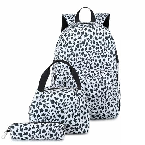 Hixingo Schulranzen Set für Jungen und Mädchen, 3 Teilig Schule Rucksack mit Lunchpaket Tasche und Federmäppchen Schultasche Teenager für 1 Bis 6. Klasse (19L,Schwarzer Leopardenmuster) von Hixingo