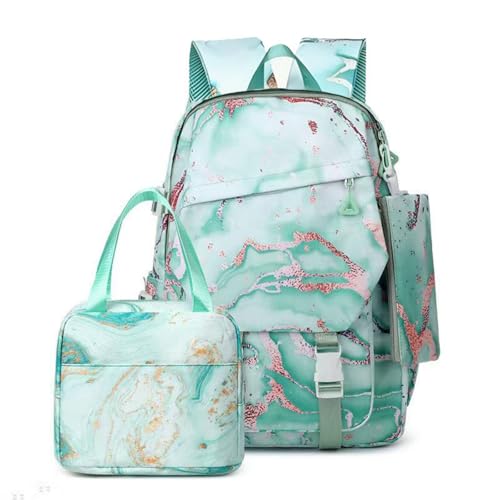 Hixingo Schulranzen Set für Jungen und Mädchen, 3 Teilig Schule Rucksack mit Lunchpaket Tasche und Federmäppchen Schultasche Teenager für 1 Bis 6. Klasse (24L,Grüner Treibsand) von Hixingo