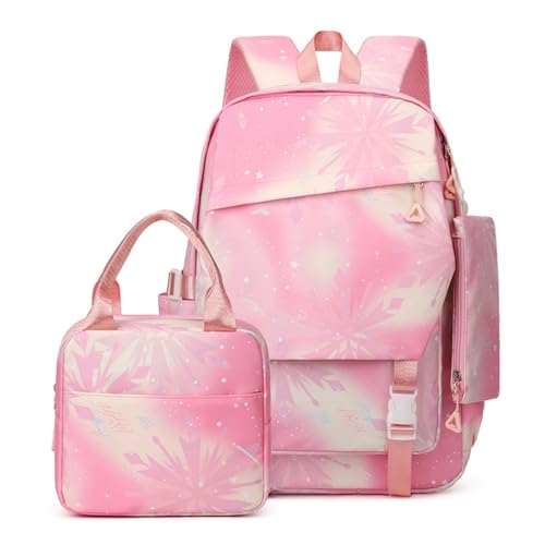 Hixingo Schulranzen Set für Jungen und Mädchen, 3 Teilig Schule Rucksack mit Lunchpaket Tasche und Federmäppchen Schultasche Teenager für 1 Bis 6. Klasse (24L,Hellrosa Schneeflocken) von Hixingo