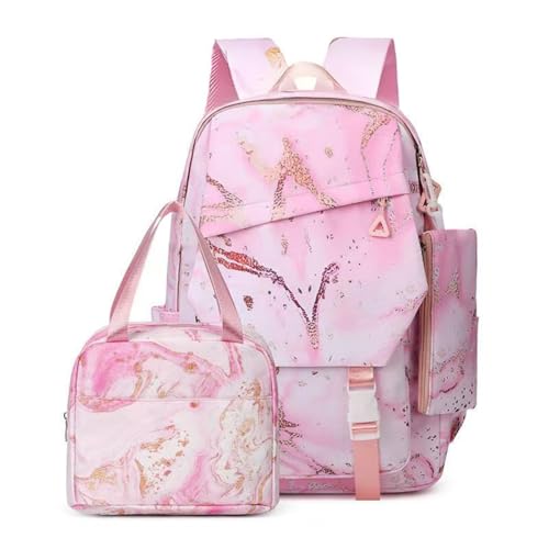 Hixingo Schulranzen Set für Jungen und Mädchen, 3 Teilig Schule Rucksack mit Lunchpaket Tasche und Federmäppchen Schultasche Teenager für 1 Bis 6. Klasse (24L,Rosa Treibsand) von Hixingo