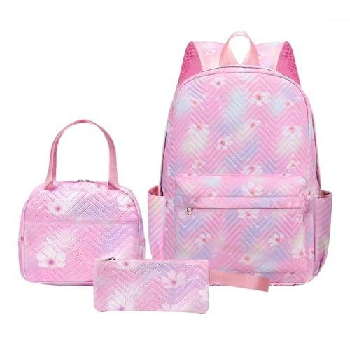 Hixingo Schulranzen Set für Jungen und Mädchen, 3 Teilig Schule Rucksack mit Lunchpaket Tasche und Federmäppchen Schultasche Teenager für 1 Bis 6. Klasse (28L,Rosa) von Hixingo
