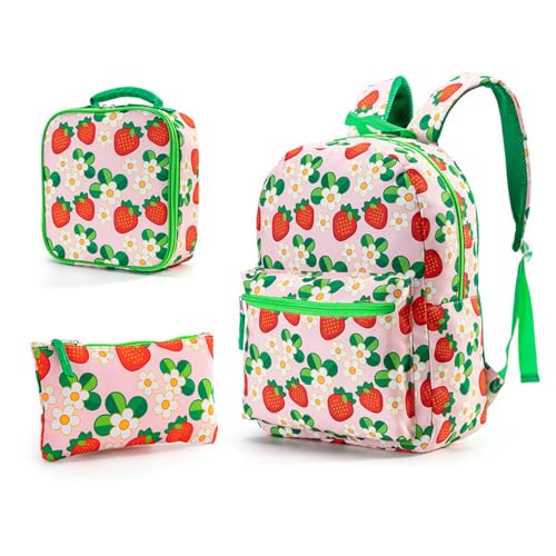 Hixingo Schulrucksack Mädchen Teenager Damen Schultasche Rucksack Set, Schulranzen für Jungen Mädchen Schule Reise Freizeit mit Lunchpaket Tasche und Mäppchen (Erdbeerblüte,40 * 28 * 13cm) von Hixingo