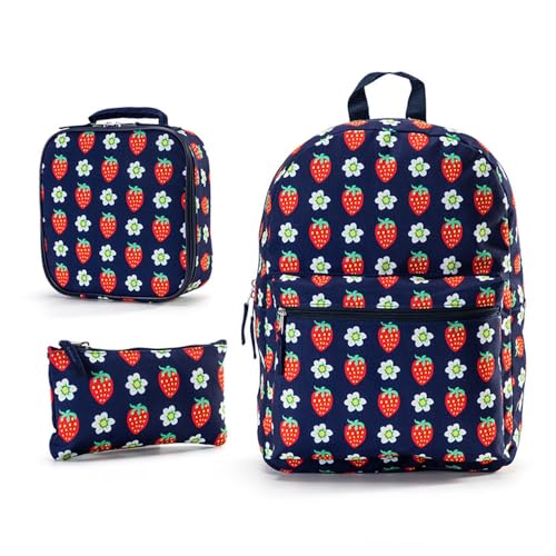 Hixingo Schulrucksack Mädchen Teenager Damen Schultasche Rucksack Set, Schulranzen für Jungen Mädchen Schule Reise Freizeit mit Lunchpaket Tasche und Mäppchen (Erdbeere,40 * 28 * 13cm) von Hixingo