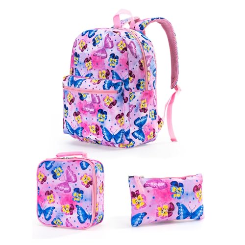 Hixingo Schulrucksack Mädchen Teenager Damen Schultasche Rucksack Set, Schulranzen für Jungen Mädchen Schule Reise Freizeit mit Lunchpaket Tasche und Mäppchen (Rosa Schmetterling,40 * 28 * 13cm) von Hixingo