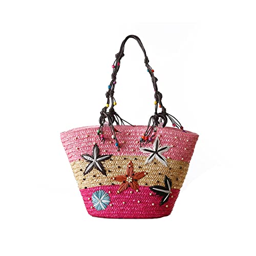 Hixingo Strohtaschen Damen, Sommer Strand Boho Groß Kapazität Strandtasche Stroh Totes Taschen, Seestern Muster Gewebte Tasche Frauen Schultertaschen, Strohsack für Reisen, Urlaub (41X28x24CM,Rosa) von Hixingo